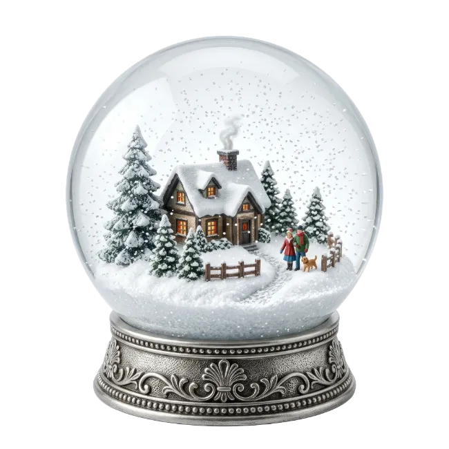 Winter Snow Globe with Cozy House and Couple