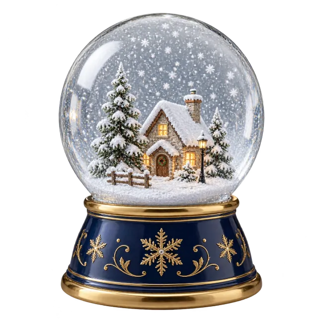 Winter Snowglobe with Snowy House and Pine Trees