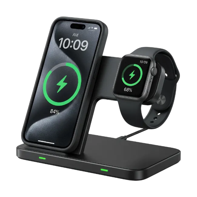 Wireless Charging Station with Smartphone and Smartwatch
