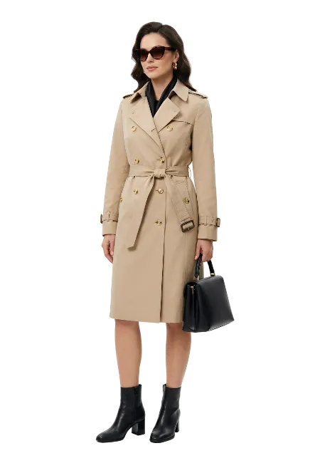 Woman wearing a beige trench coat and black boots