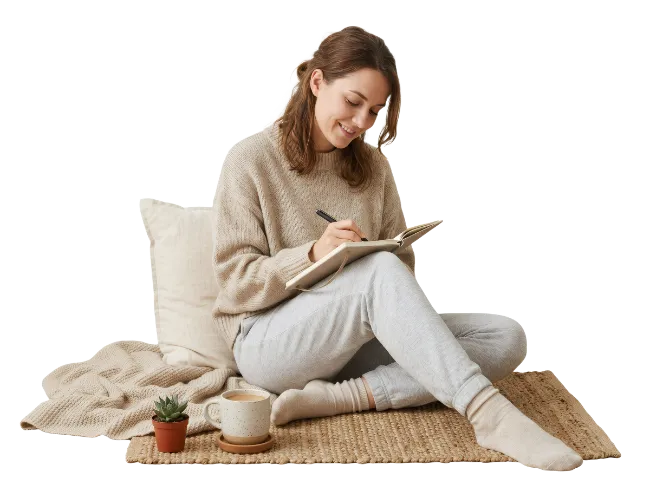 Woman writing in notebook while sitting on floor