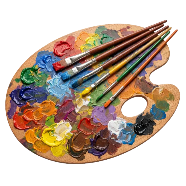 Wooden Artists Palette with Paintbrushes and Oil Paint