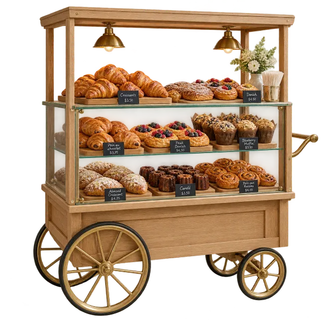 Wooden Bakery Display Cart With Fresh Pastries