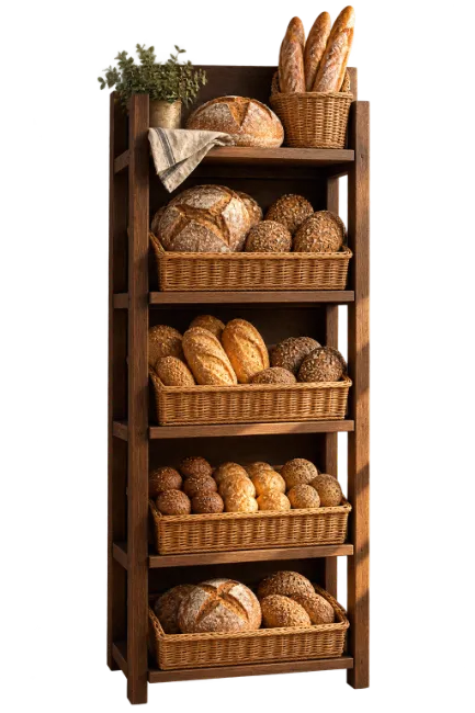Wooden Bakery Shelf Displayed with Assorted Breads