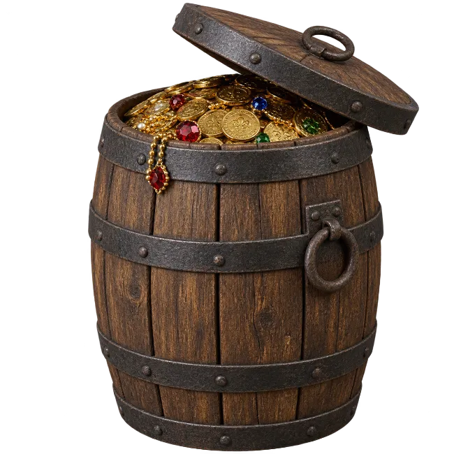 Wooden Barrel Filled With Golden Treasure Coins And Jewels