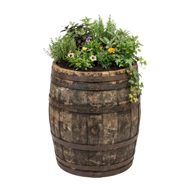Wooden Barrel Planter Filled With Herbs And Flowers