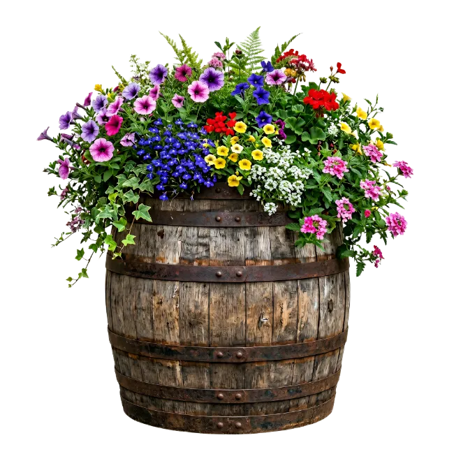 Wooden Barrel Planter with Colorful Flowers