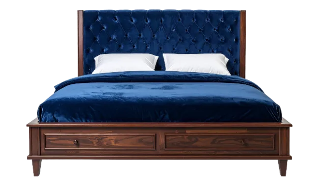 Wooden Bed With Blue Velvet Headboard