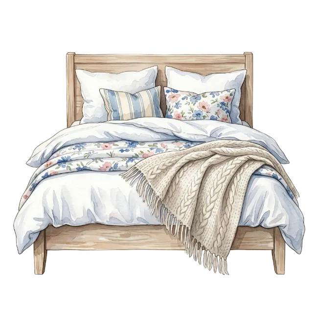 Wooden Bed with Cozy White Bedding and Throw Blanket