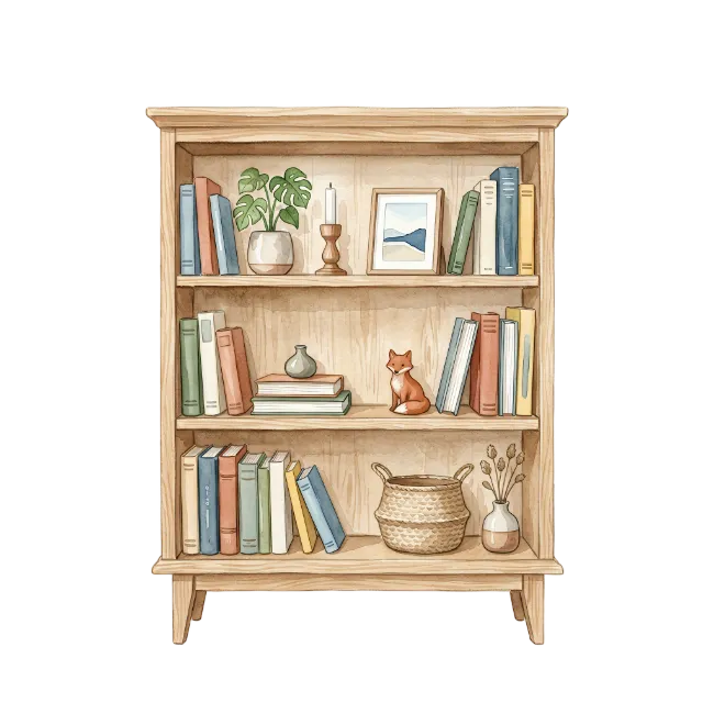 Wooden Bookcase Filled With Books And Decor