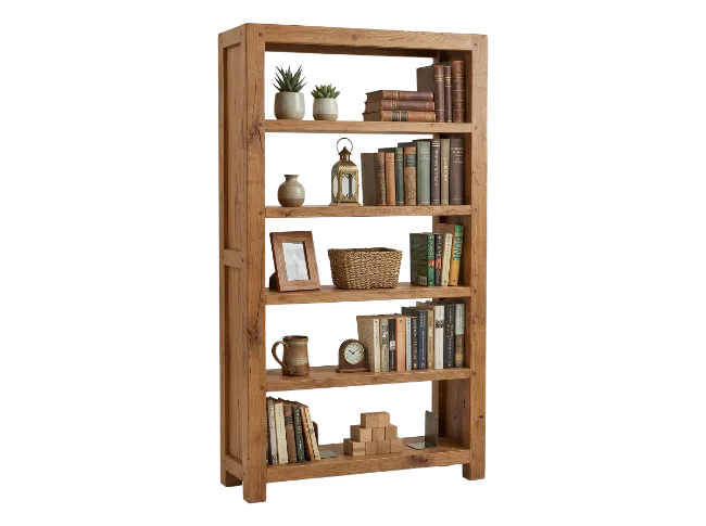 Wooden Bookcase with Books and Decor
