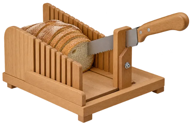 Wooden Bread Slicer with Knife and Loaf