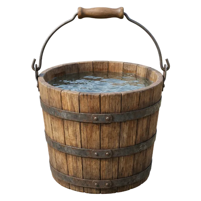 Wooden bucket filled with clean water