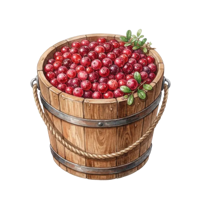 Wooden Bucket Filled With Fresh Cranberries