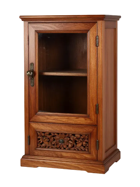 Wooden Cabinet with Glass Door and Carved Drawer