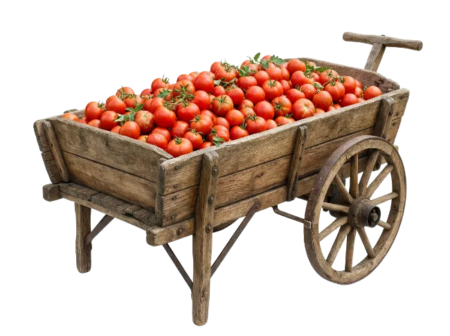 Wooden Cart Filled With Fresh Red Tomatoes