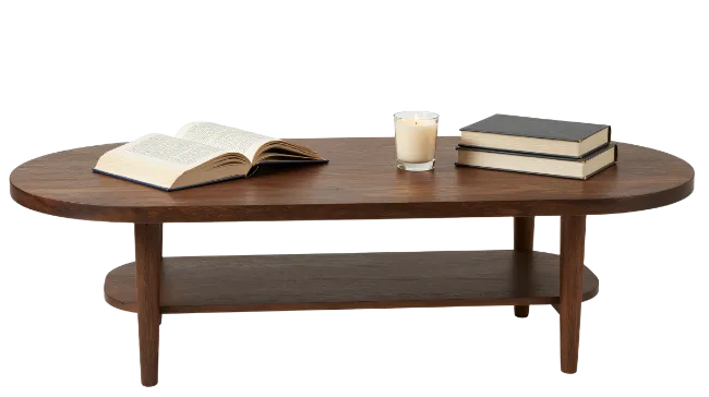Wooden Coffee Table with Books and Candle