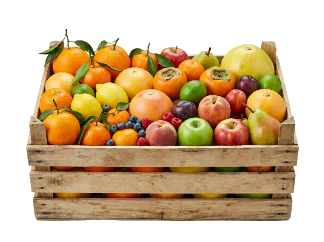 Wooden crate filled with assorted fresh fruits