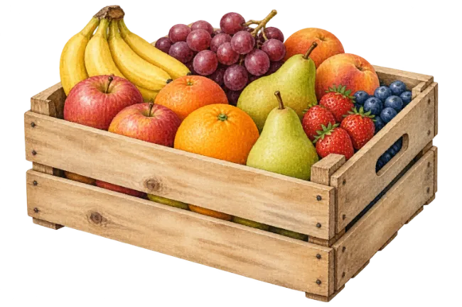 Wooden crate filled with assorted fresh fruits
