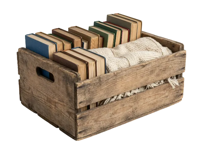 Wooden Crate Filled with Books and Blanket