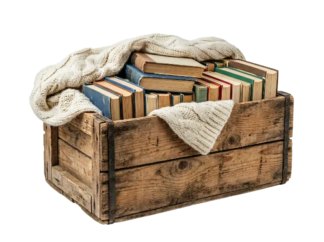Wooden Crate Filled with Books and Knitted Blanket