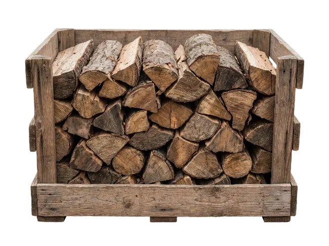 Wooden crate filled with cut firewood logs