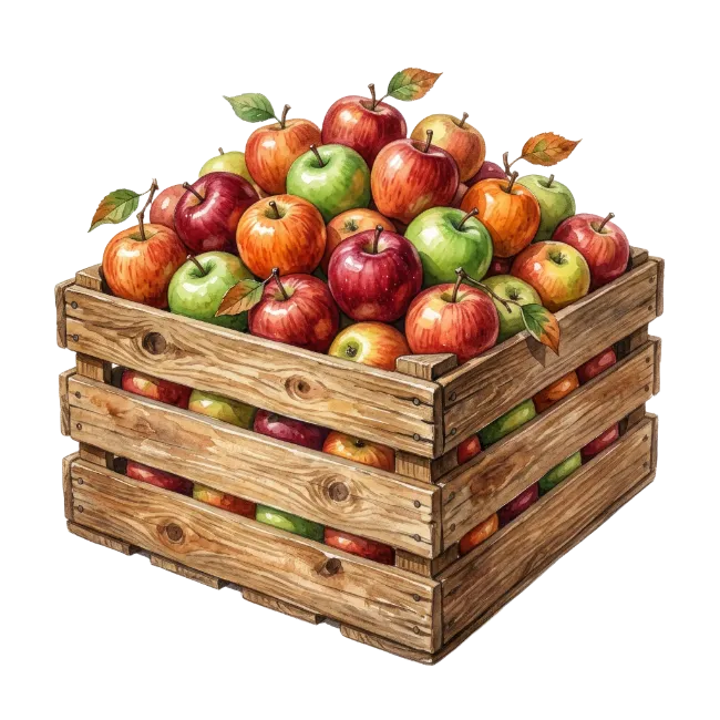 Wooden crate filled with fresh colorful apples