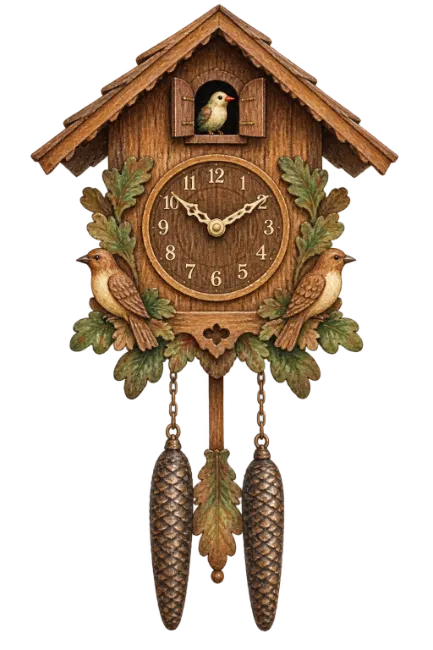 Wooden cuckoo clock with birds and pinecones illustration