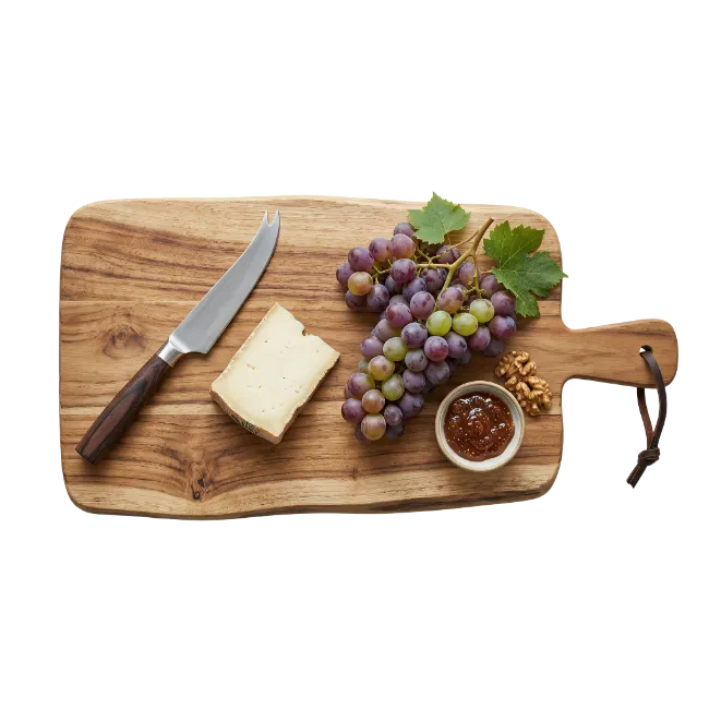 Wooden cutting board with cheese and grapes