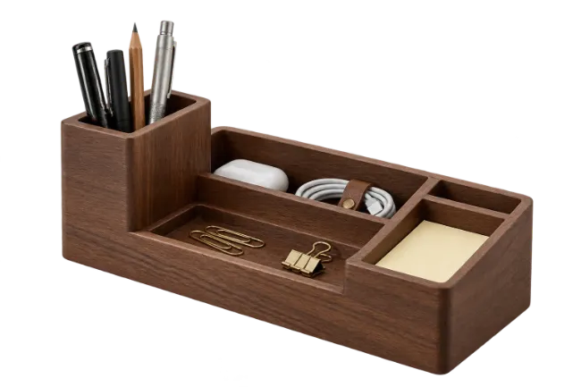 Wooden Desk Organizer with Office Supplies