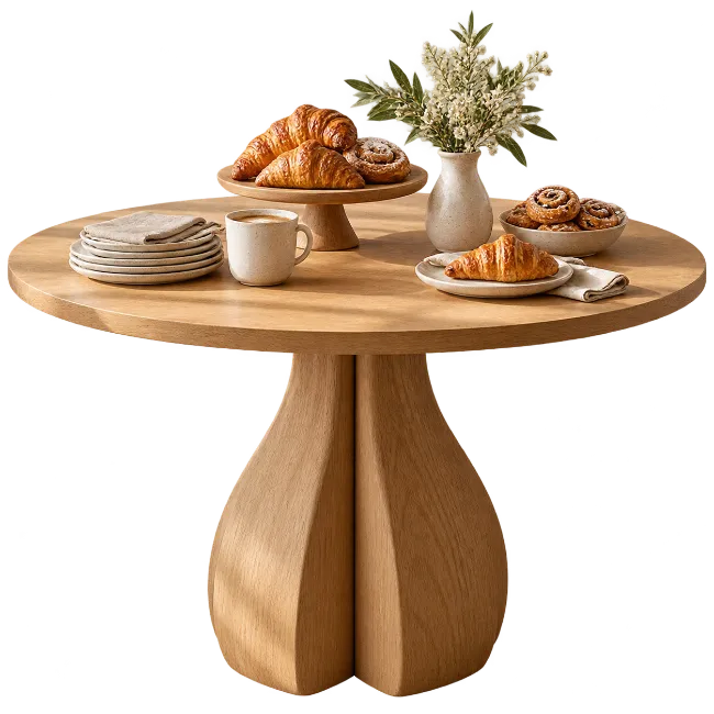 Wooden Dining Table with Pastries and Coffee