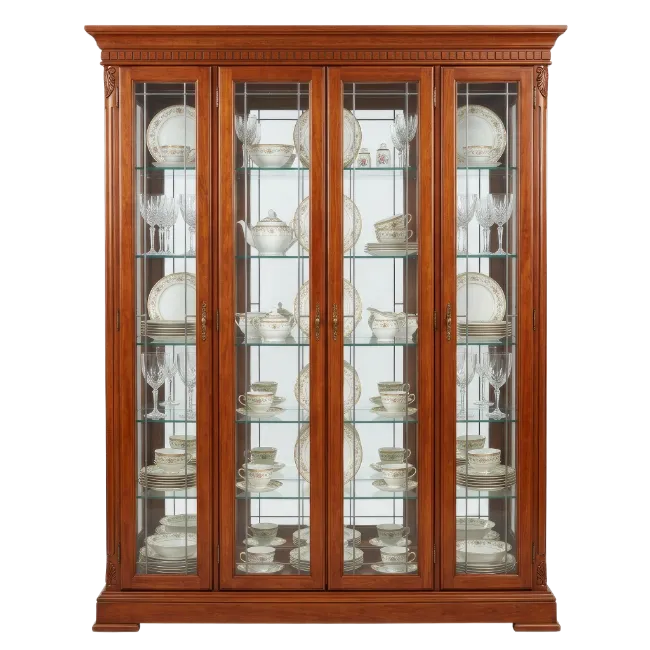 Wooden Display Cabinet with Glass Doors and China Set