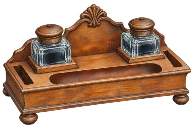 Wooden double inkwell desk set illustration