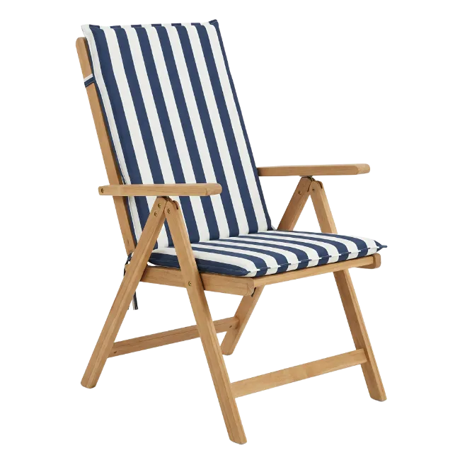 Wooden Folding Deckchair with Blue and White Striped Cushion