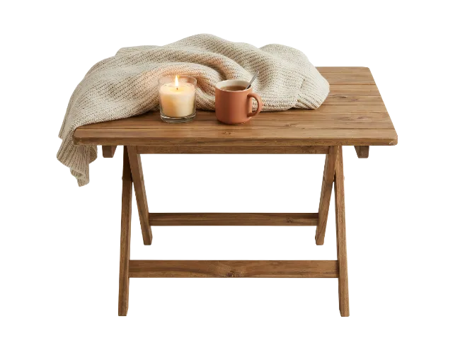 Wooden Folding Table with Blanket Mug and Candle