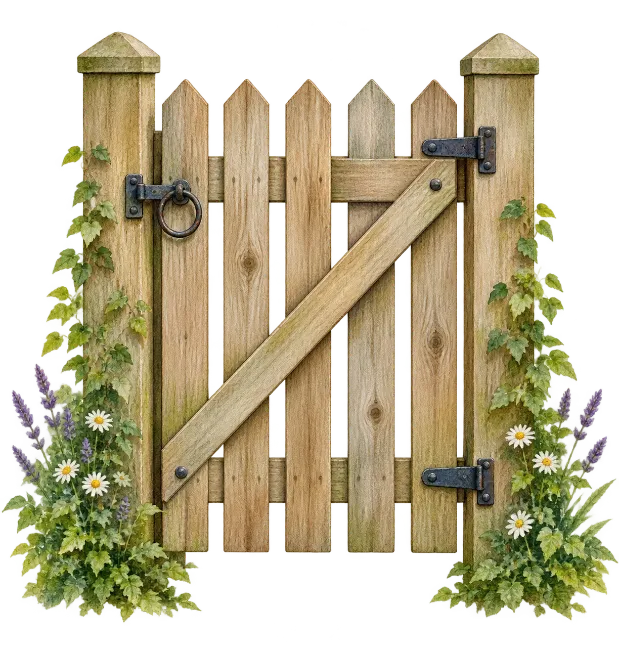 Wooden Garden Gate Illustration with Flowers