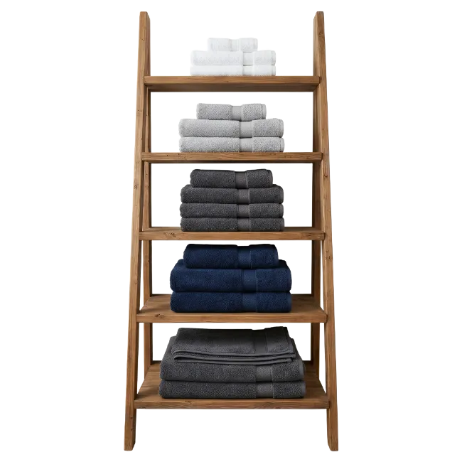 Wooden Ladder Shelf with Folded Towels