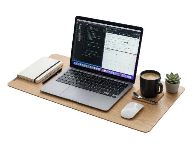 Wooden Laptop Desk Setup with Coffee and Notebook