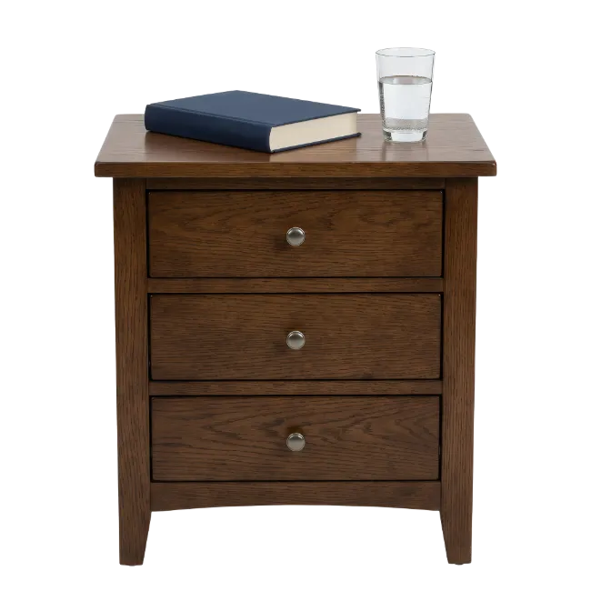 Wooden Nightstand with Book and Water Glass