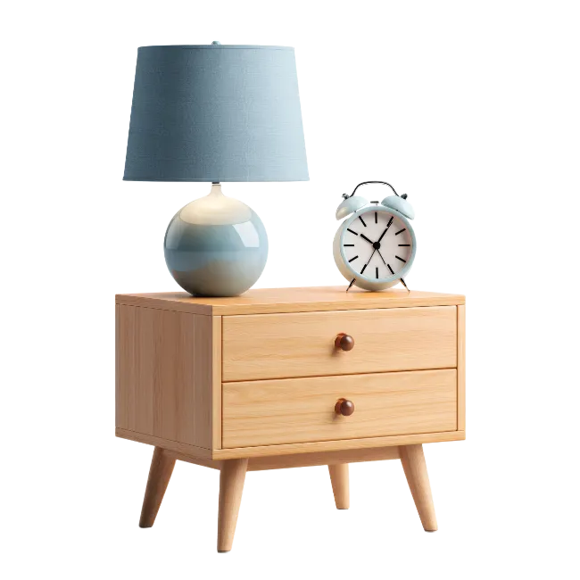 Wooden Nightstand with Lamp and Alarm Clock