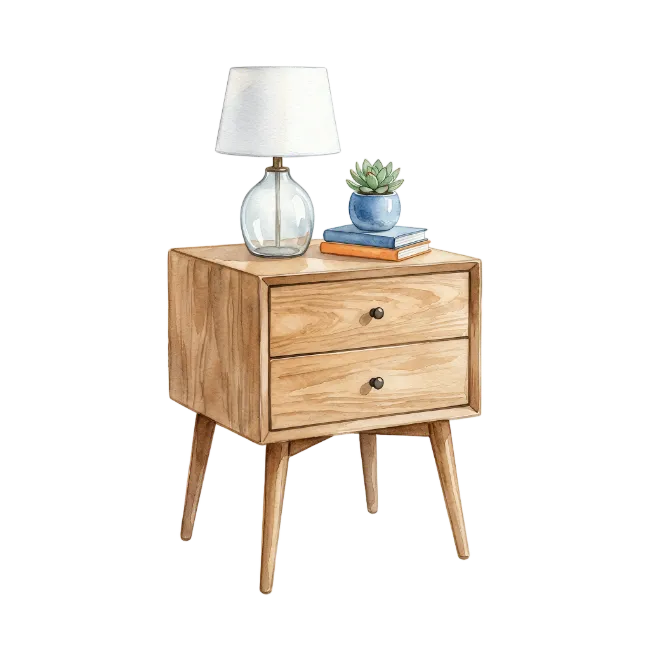 Wooden Nightstand with Lamp and Books Watercolor Illustration