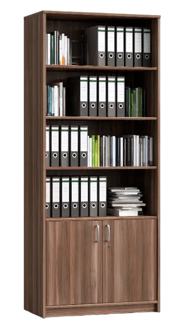 Wooden office bookshelf filled with binders