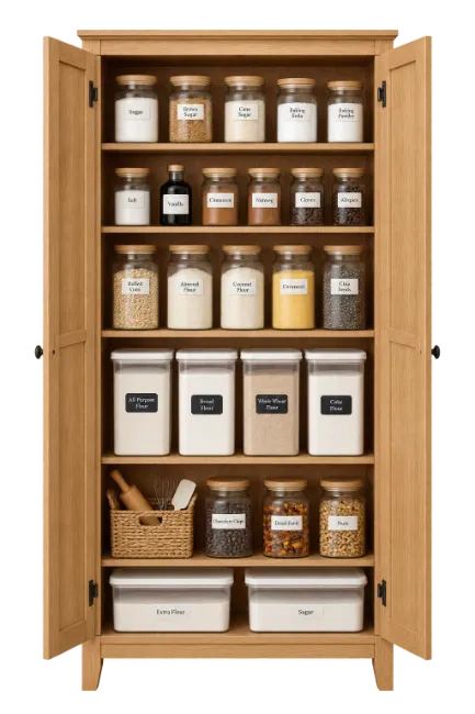 Wooden Pantry Cabinet Filled With Organized Food Storage Jars