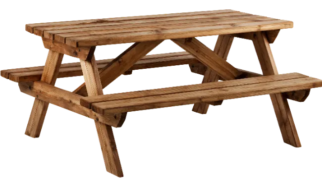 Wooden Picnic Table with Attached Benches