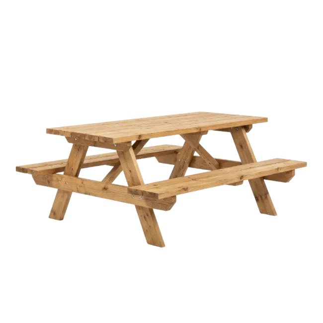 Wooden Picnic Table with Attached Benches