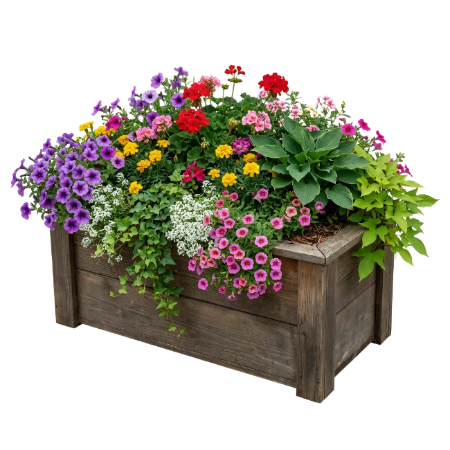 Wooden Planter Box with Colorful Flowers
