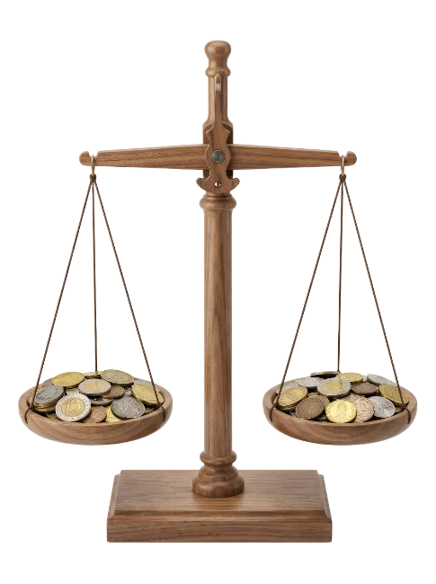 Wooden Scales of Justice with Coins