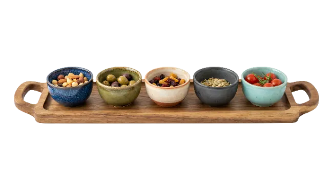 Wooden Serving Tray with Bowls of Snacks