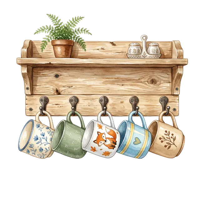 Wooden Shelf with Coffee Mugs and Plant