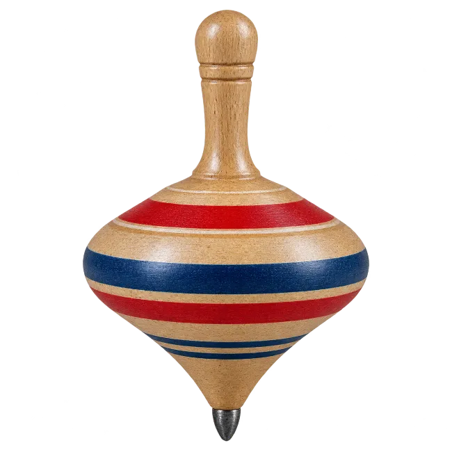 Wooden Spinning Top with Red and Blue Stripes